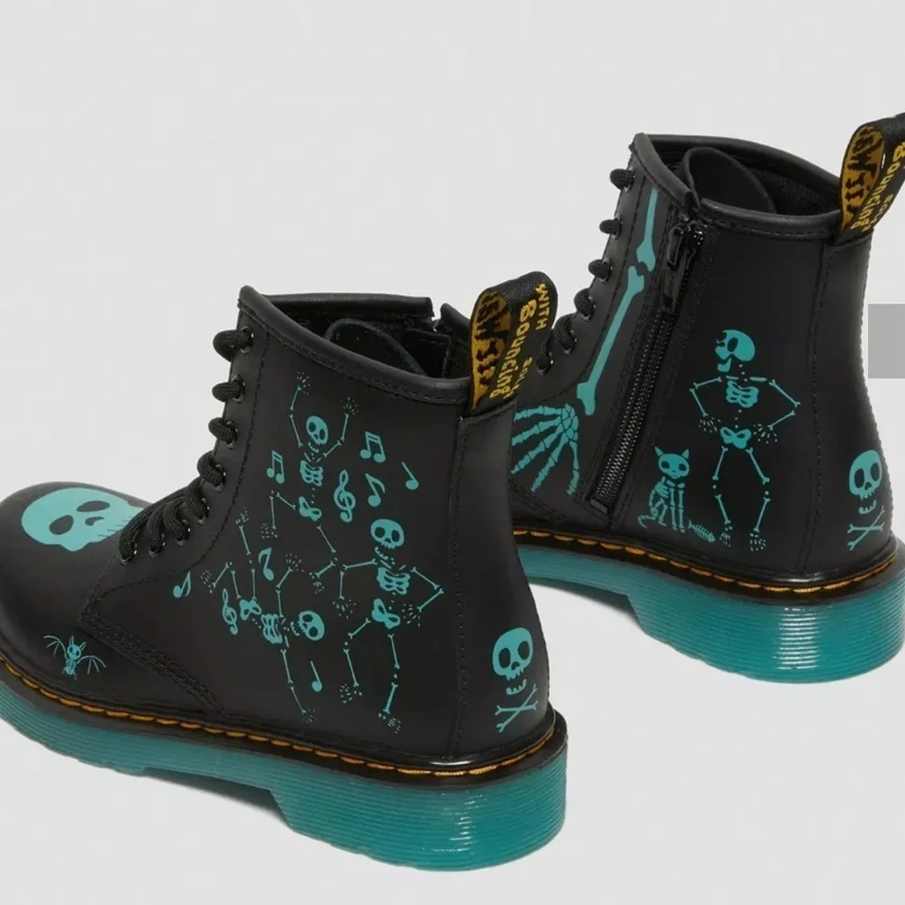 DR. MARTEN Kids Glow in the Dark Skeleton Combat Style Boots Skelly Print Hydro